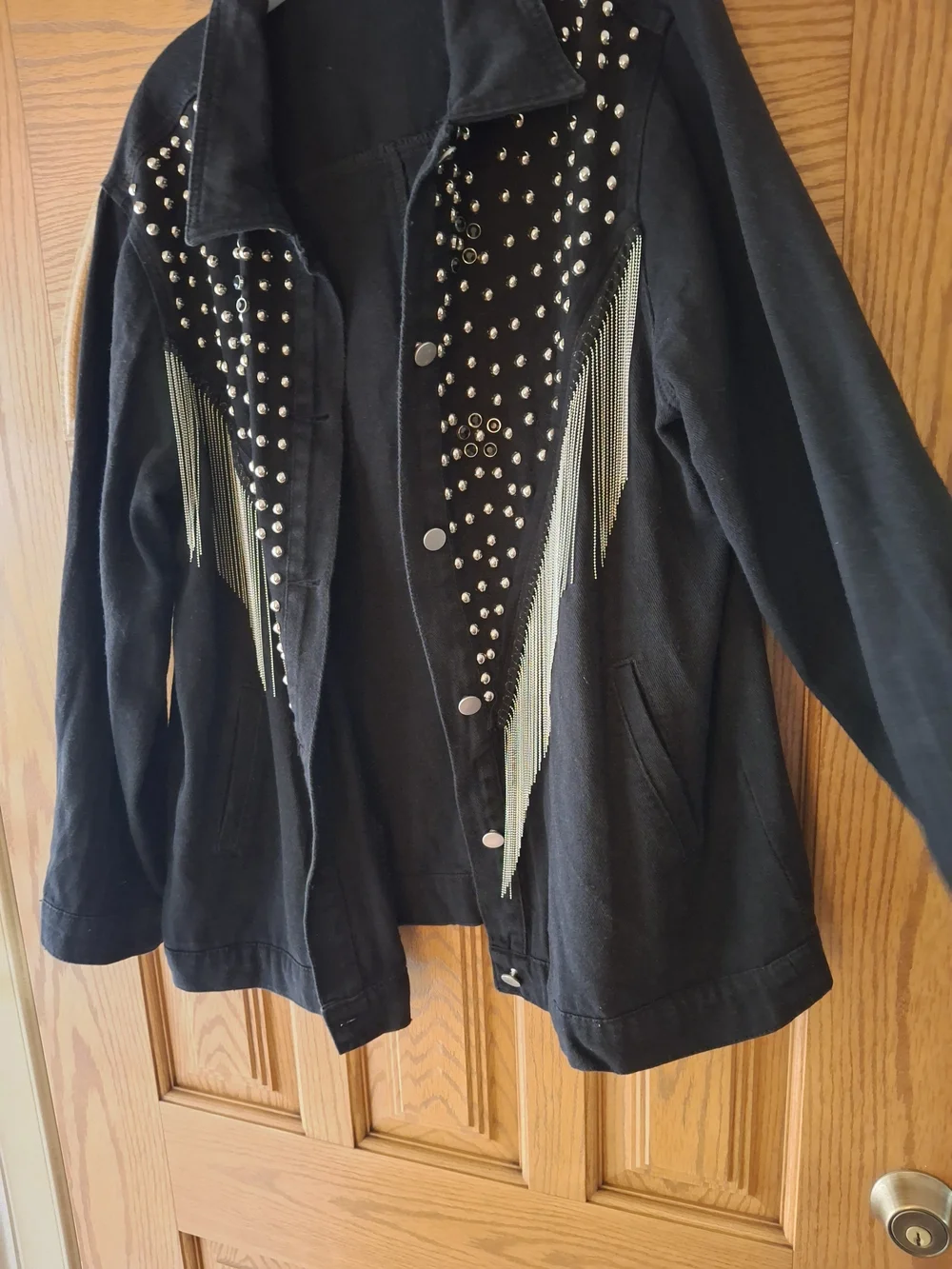 Western Black Studded Denim Jacket with Silver Fringe - Picture 3 of 5